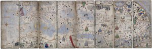 Montage på 8 sider fra det catalanske Atlas of Cresques; den dengang kendte verden